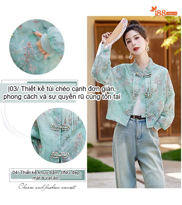 Áo Khoác Lửng Nữ Thêu Họa Tiết Phong Cách Trung Hoa Thiết Kế Sang Trọng Thoáng Mát Màu Xanh, Trắng, Hồng chi tiết 6