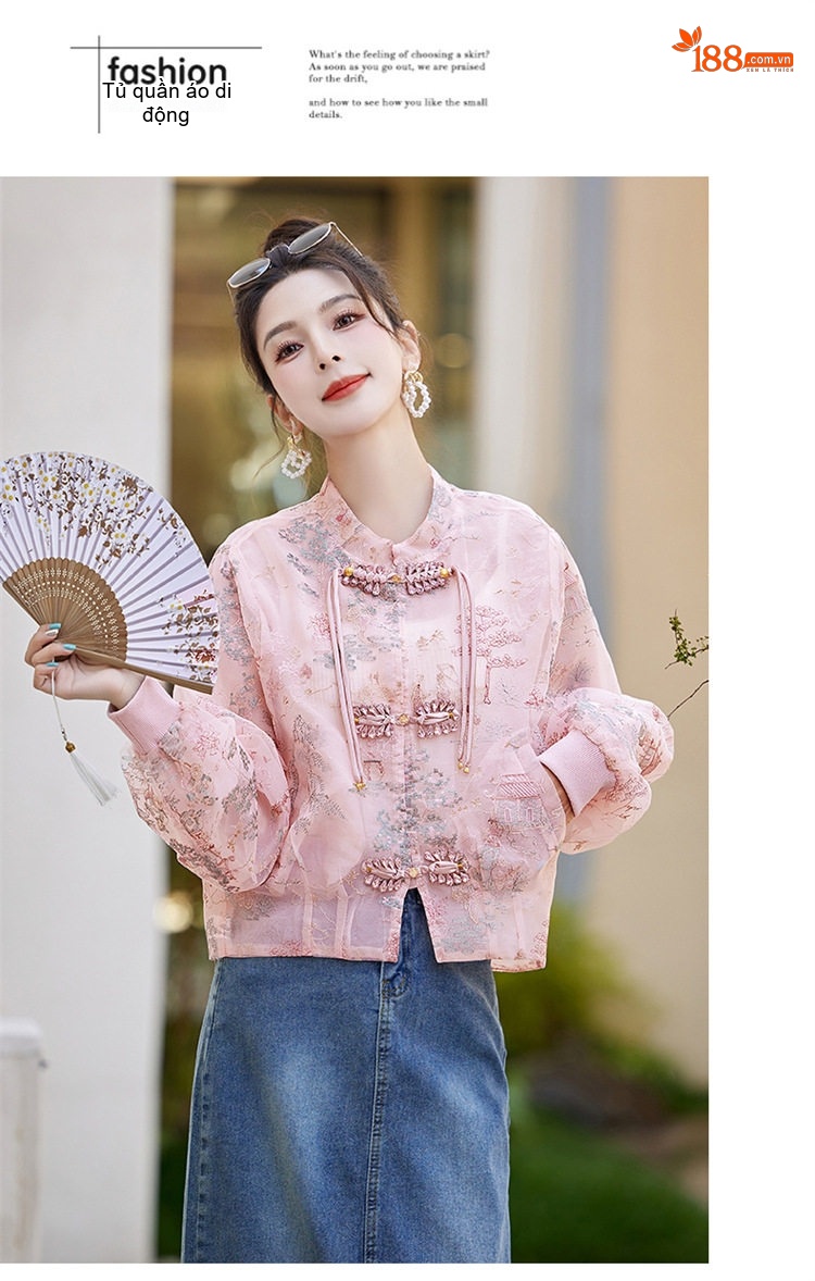 Áo Khoác Lửng Nữ Thêu Họa Tiết Phong Cách Trung Hoa Thiết Kế Sang Trọng Thoáng Mát Màu Xanh, Trắng, Hồng chi tiết 16