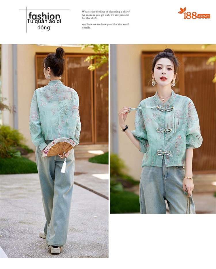 Áo Khoác Lửng Nữ Thêu Họa Tiết Phong Cách Trung Hoa Thiết Kế Sang Trọng Thoáng Mát Màu Xanh, Trắng, Hồng chi tiết 26