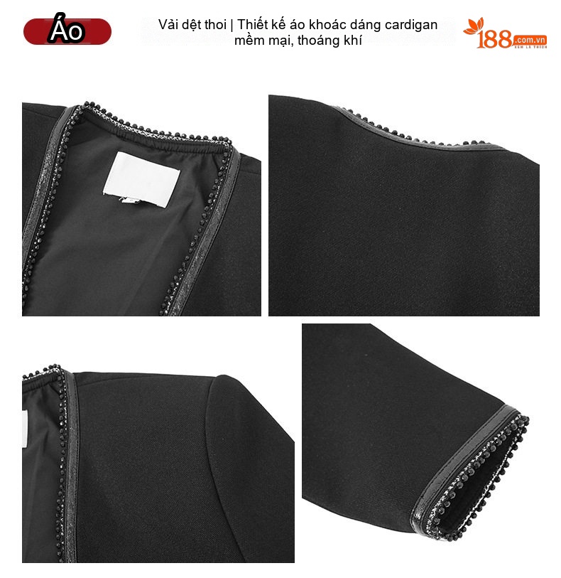Áo Khoác Lửng Nữ Tiểu Thư Phong Cách Tiểu Hương Tay Dài Ôm Dáng Màu Đen chi tiết 3