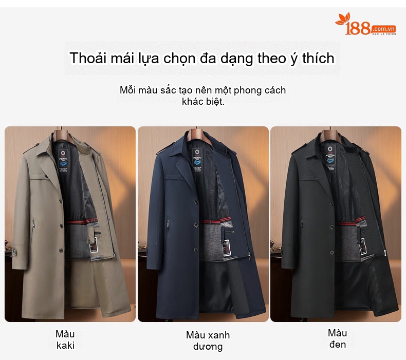 Áo Khoác Măng Tô Nam Dáng Dài Kháng Nhăn Lót Lông Cừu Có Thể Tháo Rời Màu Be, Xanh Navy, Đen chi tiết 13