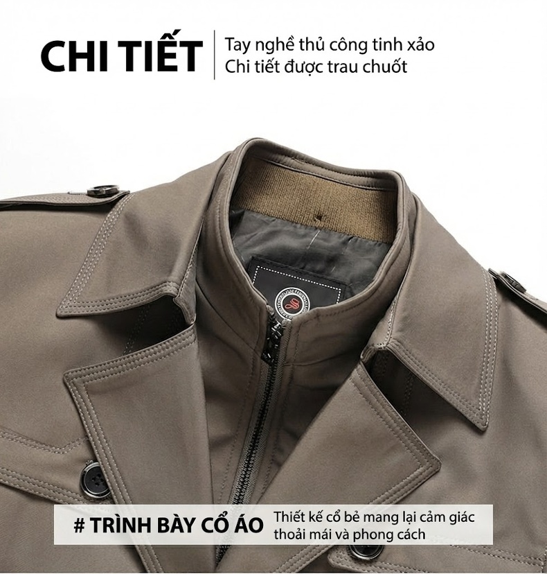 Áo Khoác Măng Tô Nam Dáng Dài Kháng Nhăn Lót Lông Cừu Có Thể Tháo Rời Màu Be, Xanh Navy, Đen chi tiết 22