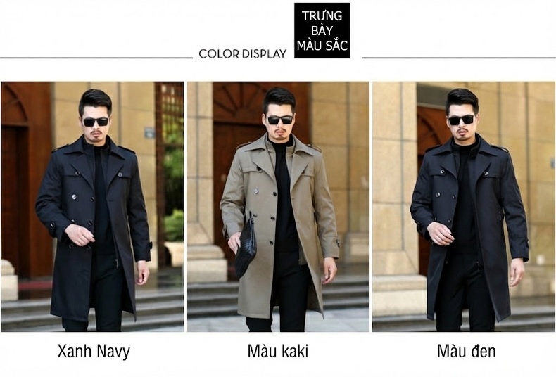 Áo Khoác Măng Tô Nam Dáng Dài Qua Gối Hai Hàng Khuy Lót Lông Cừu Tháo Rời Màu Đen, Nâu chi tiết 5