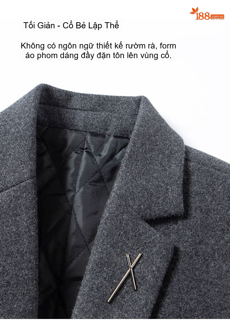 Áo Khoác Măng Tô Nam Dáng Dài Vải Lông Cừu Dày Dặn Màu Đen, Nâu, Xám chi tiết 3