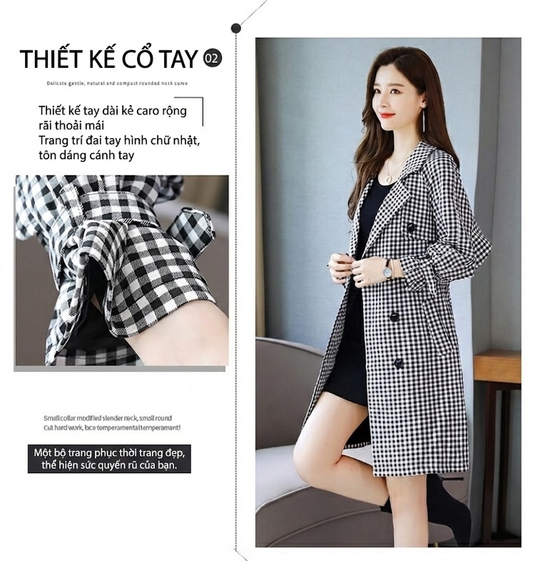 Áo Khoác Măng Tô Nữ Dáng Dài Họa Tiết Caro Phong Cách Hàn Quốc chi tiết 5