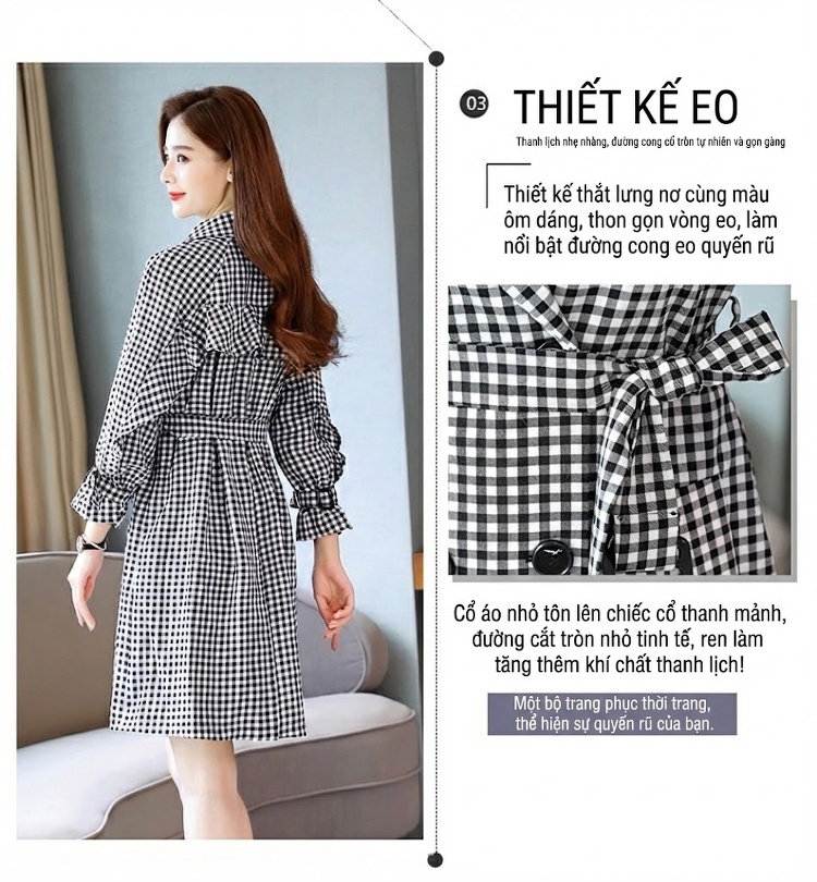 Áo Khoác Măng Tô Nữ Dáng Dài Họa Tiết Caro Phong Cách Hàn Quốc chi tiết 6