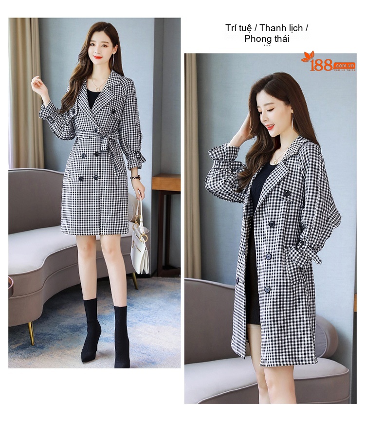 Áo Khoác Măng Tô Nữ Dáng Dài Họa Tiết Caro Phong Cách Hàn Quốc chi tiết 11