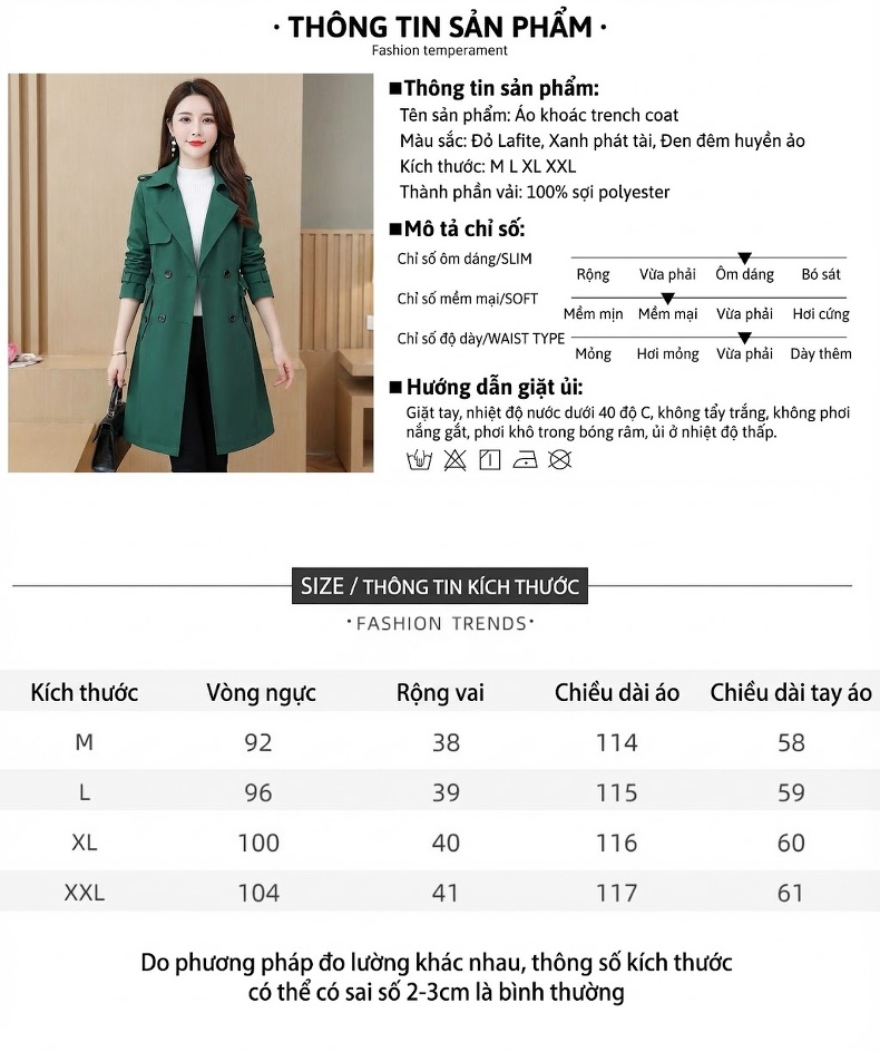 Áo Khoác Măng Tô Nữ Dáng Dài Vừa Phong Cách Thời Trang Thanh Lịch Màu Đỏ, Đen, Xanh Lá chi tiết 1
