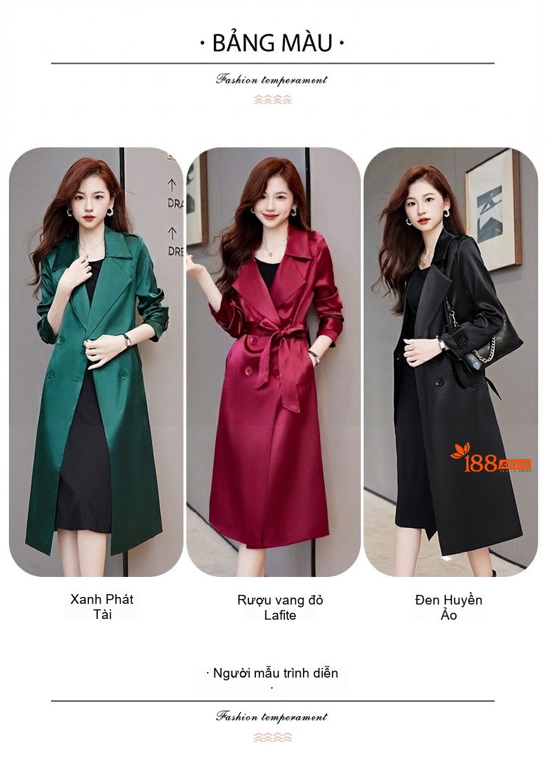 Áo Khoác Măng Tô Nữ Dáng Dài Vừa Phong Cách Thời Trang Thanh Lịch Màu Đỏ, Đen, Xanh Lá chi tiết 2