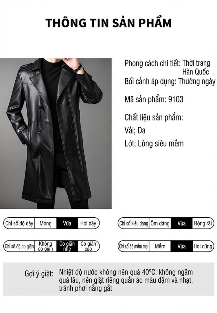Áo Khoác Mangto Nam Dáng Dài Thắt Eo Da PU Phong Cách Thanh Lịch Màu Đen chi tiết 3