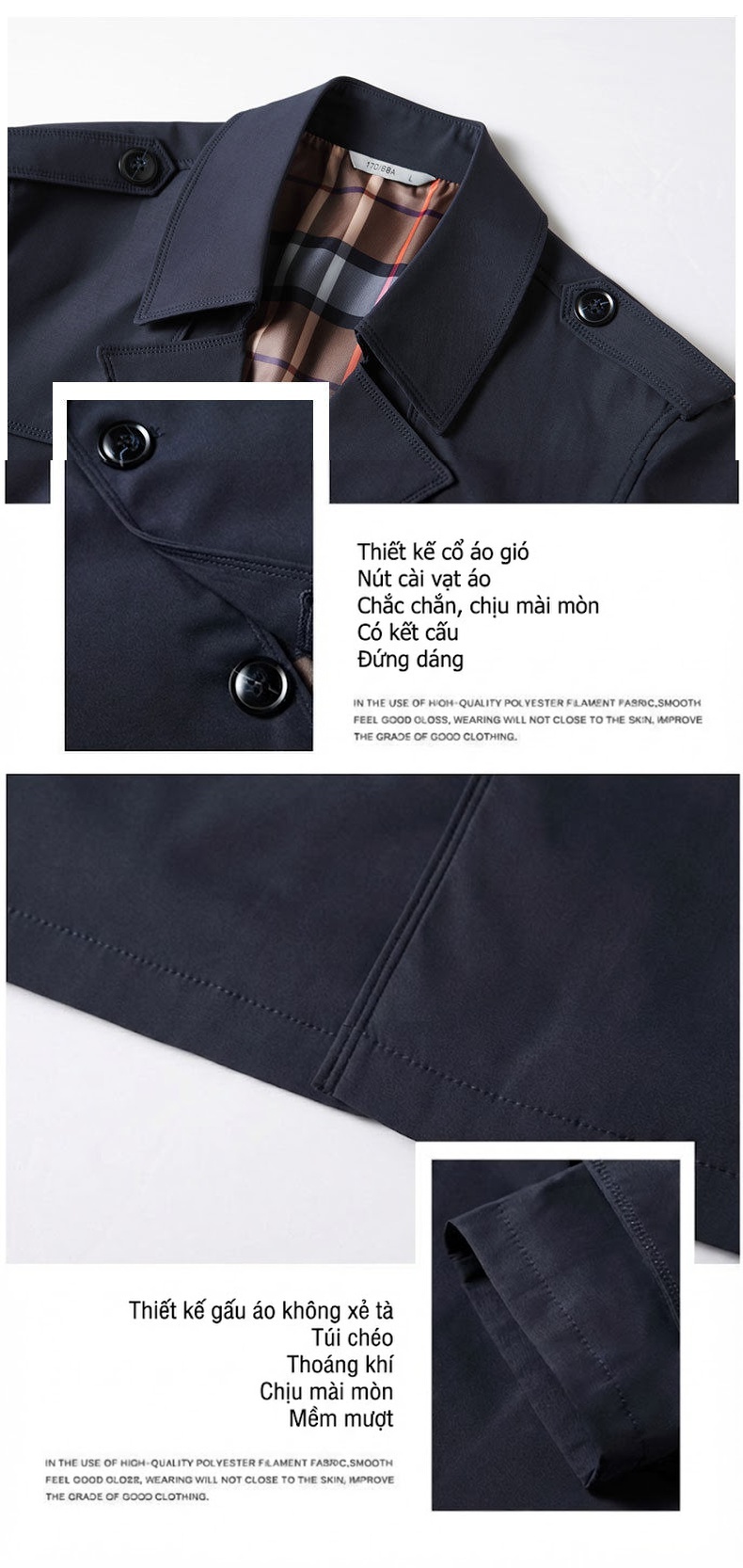 Áo Khoác Mangto Nam Dáng Dài Vừa Cổ chữ Vest Cài Nút Phong Cách Lịch Lãm Màu Đen, Nâu, Kem, Xanh Navy chi tiết 6