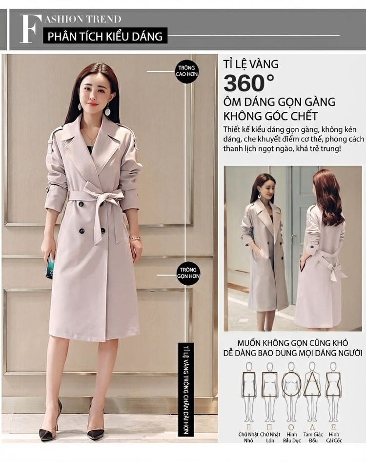 Áo Khoác Mangto Nữ Dáng Dài Qua Gối Thắt Eo Phong Cách Anh Quốc Màu Be, Đen, Đỏ, Cam... chi tiết 5