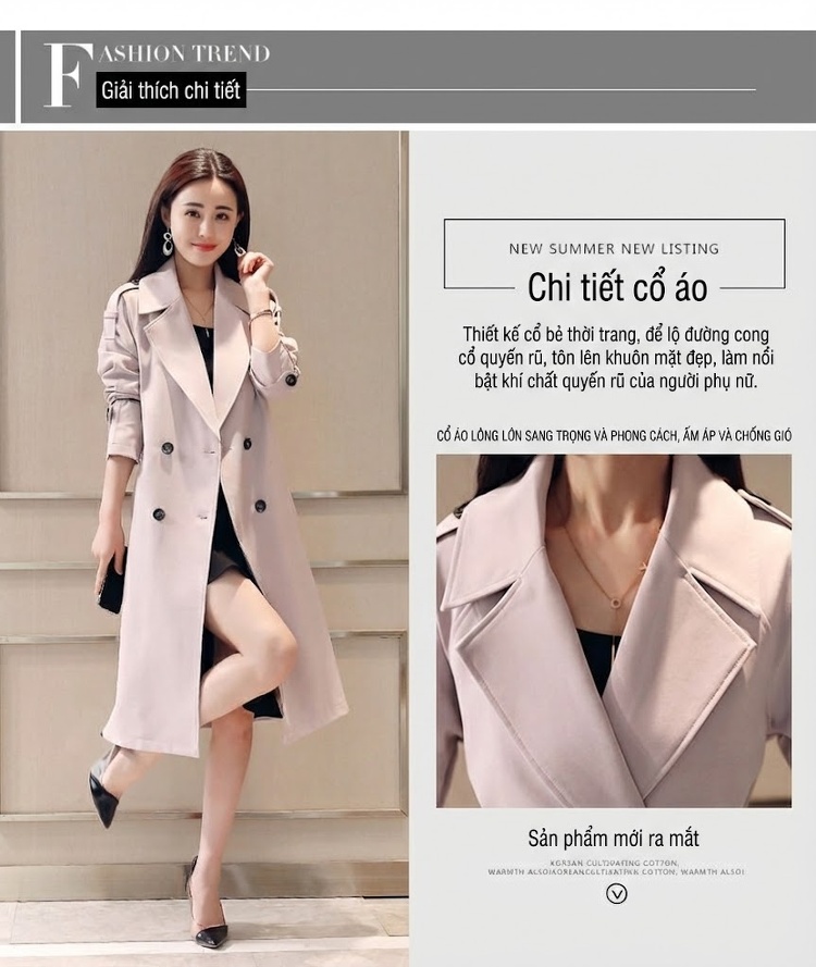 Áo Khoác Mangto Nữ Dáng Dài Qua Gối Thắt Eo Phong Cách Anh Quốc Màu Be, Đen, Đỏ, Cam... chi tiết 7