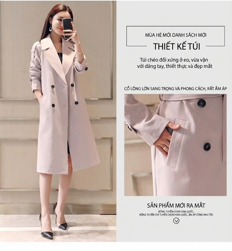 Áo Khoác Mangto Nữ Dáng Dài Qua Gối Thắt Eo Phong Cách Anh Quốc Màu Be, Đen, Đỏ, Cam... chi tiết 9