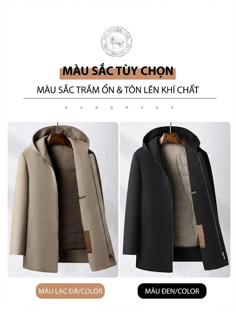 Áo Khoác Nam 100% Len Lót Lông Vũ Có Mũ Trùm Đầu Màu Be, Đen chi tiết 14