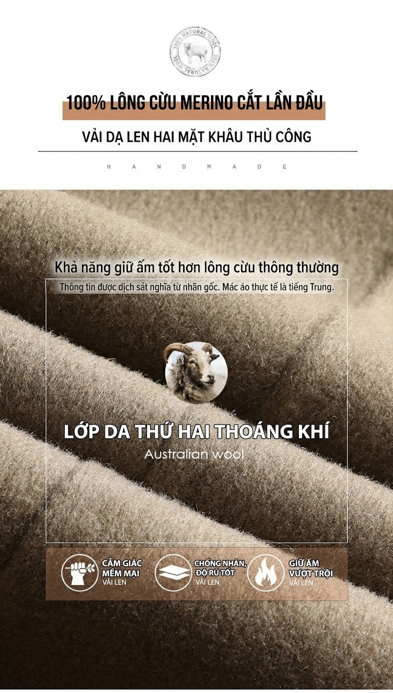Áo Khoác Nam 100% Len Lót Lông Vũ Có Mũ Trùm Đầu Màu Be, Đen chi tiết 2