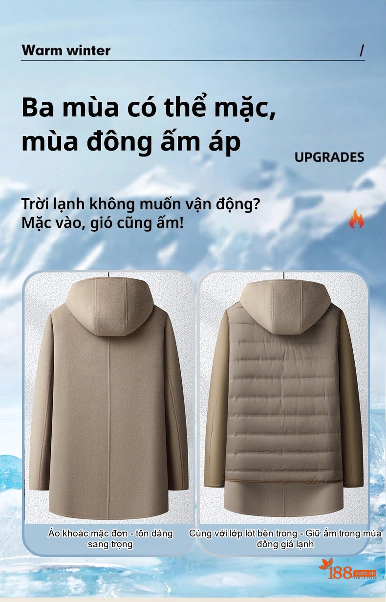 Áo Khoác Nam 100% Len Lót Lông Vũ Có Mũ Trùm Đầu Màu Be, Đen chi tiết 9
