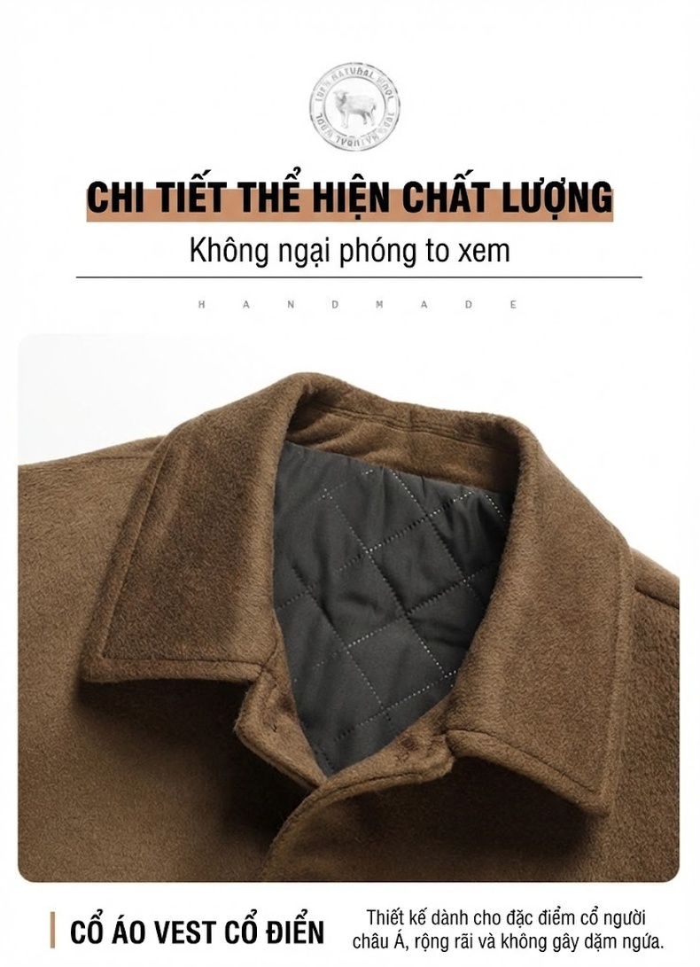 Áo Khoác Nam 100% Lông Cừu Dáng Trend Màu Nâu, Xanh Navy, Đen chi tiết 10