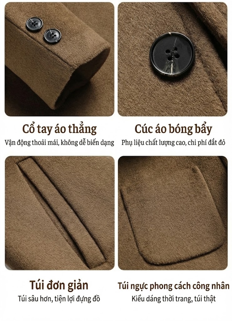 Áo Khoác Nam 100% Lông Cừu Dáng Trend Màu Nâu, Xanh Navy, Đen chi tiết 11