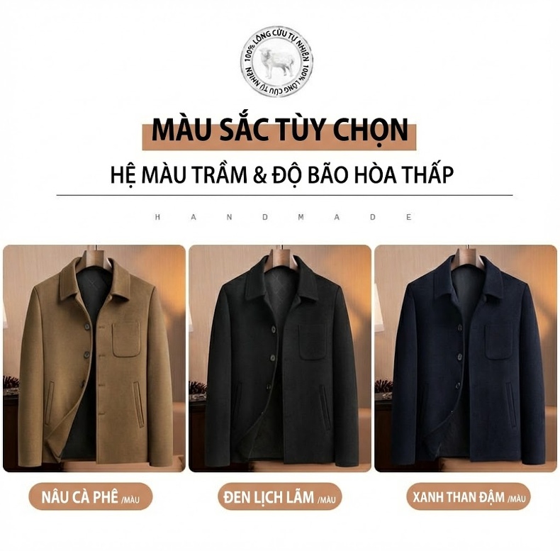 Áo Khoác Nam 100% Lông Cừu Dáng Trend Màu Nâu, Xanh Navy, Đen chi tiết 12
