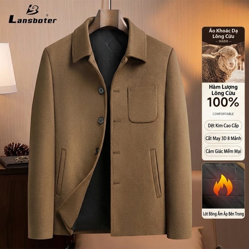 Áo Khoác Nam 100% Lông Cừu Dáng Trend Màu Nâu, Xanh Navy, Đen
