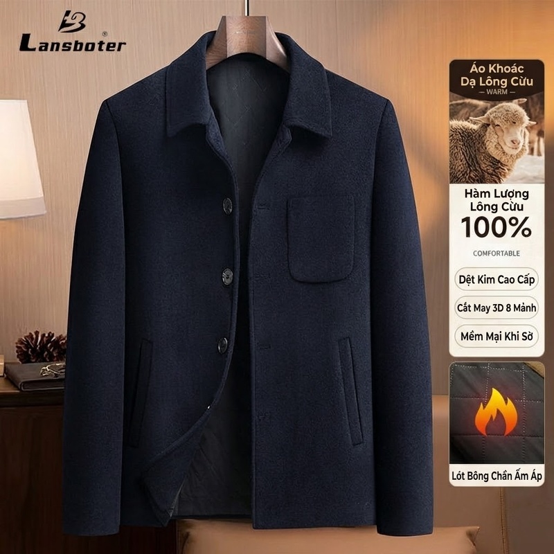 Áo Khoác Nam 100% Lông Cừu Dáng Trend Màu Nâu, Xanh Navy, Đen
