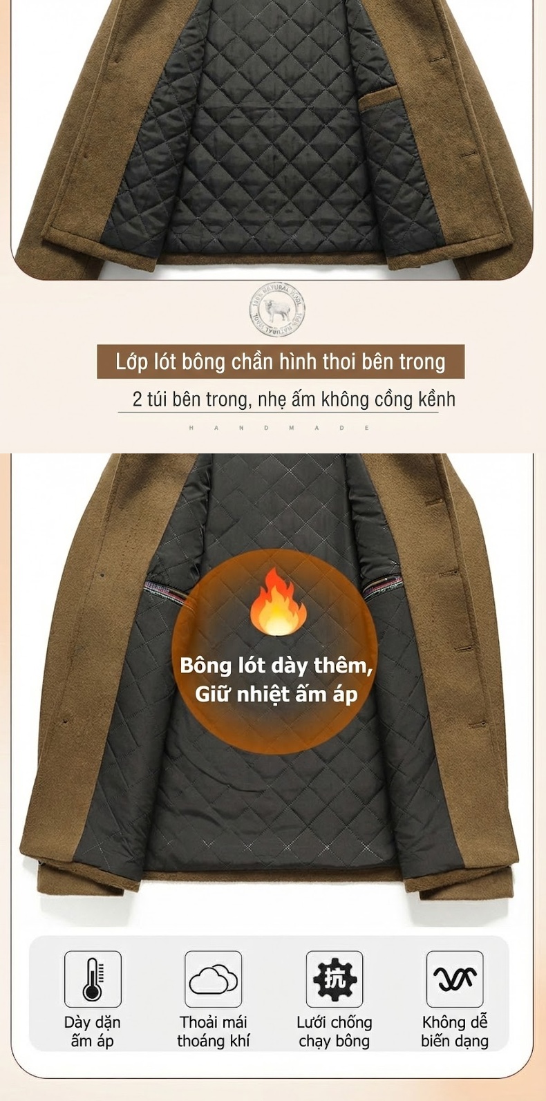 Áo Khoác Nam 100% Lông Cừu Dáng Trend Màu Nâu, Xanh Navy, Đen chi tiết 6