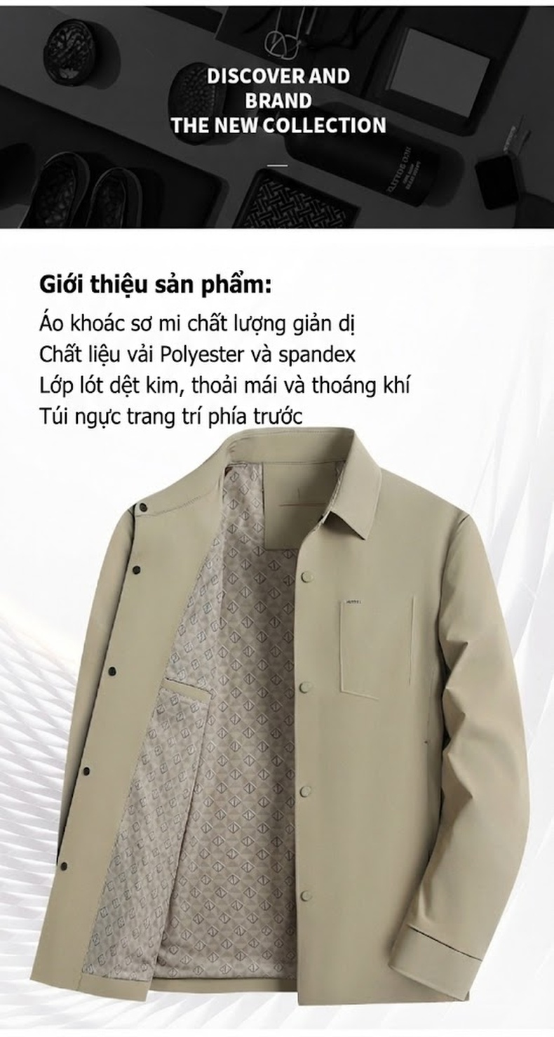 Áo Khoác Nam Cổ Bẻ Khuy Bấm Co Giãn Thoáng Mát Màu Kem, Xanh Navy chi tiết 3