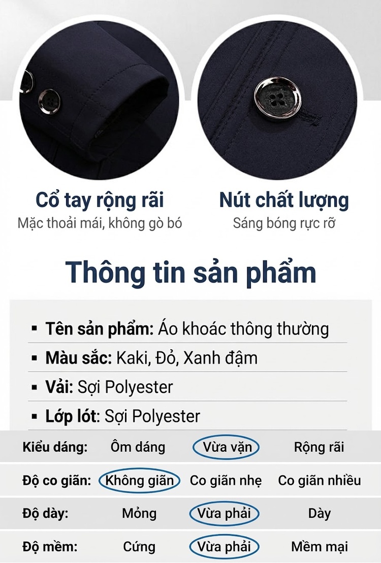 Áo Khoác Nam Cổ Bẻ Khuy Bấm Dáng Rộng Phong Cách Doanh Nhân Màu Nâu, Xanh Navy, Đỏ chi tiết 3