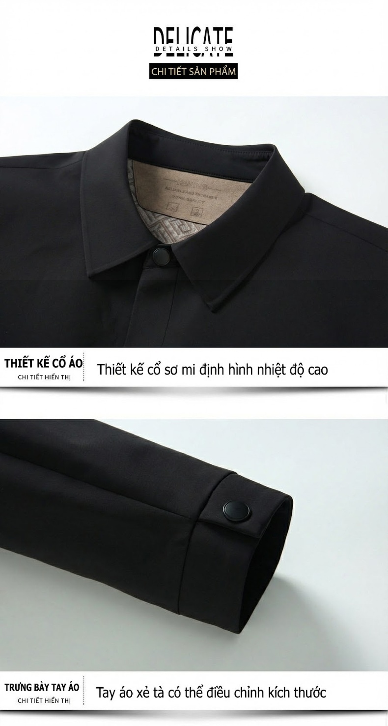 Áo Khoác Nam Cổ Bẻ Spandex Mỏng Nhẹ Phong Cách Doanh Nhân Màu Đen chi tiết 14