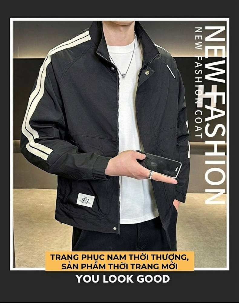 Áo Khoác Nam Cổ Bẻ Tay Dài Phong Cách Thời Trang Màu Đen, Xanh chi tiết 1