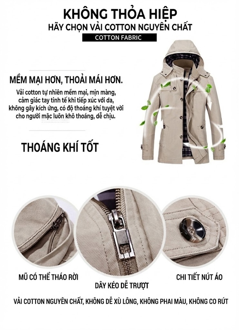 Áo Khoác Nam Có Mũ Cotton Dáng Ôm Vừa Vặn Màu Be, Đen chi tiết 2