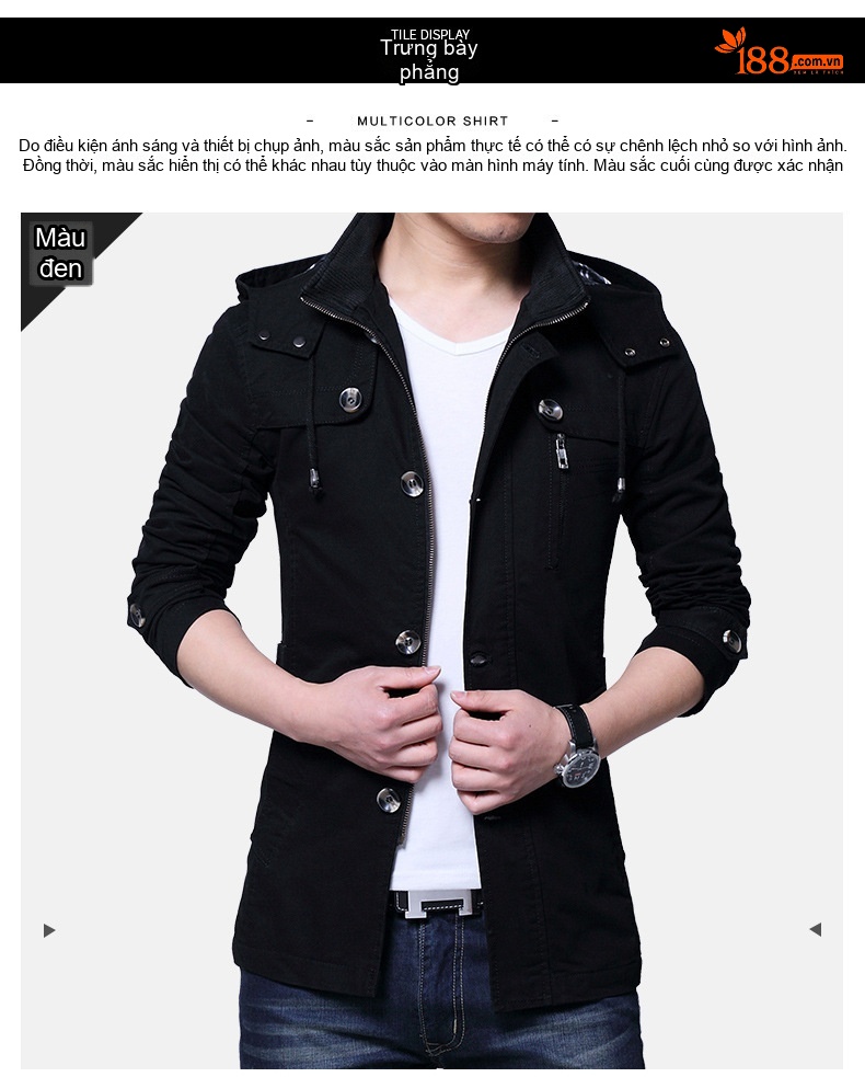 Áo Khoác Nam Có Mũ Cotton Dáng Ôm Vừa Vặn Màu Be, Đen chi tiết 4