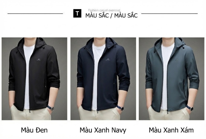 Áo Khoác Nam Có Mũ Trùm Đầu Khóa Kéo Màu Đen, Xanh Navy, Xám chi tiết 9