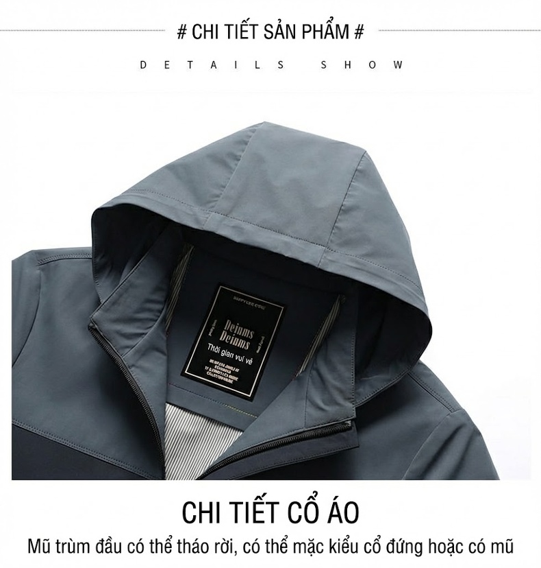 Áo Khoác Nam Có Mũ Trùm Đầu Tháo Rời Phong Cách Thể Thao Màu Xám, Đen chi tiết 10