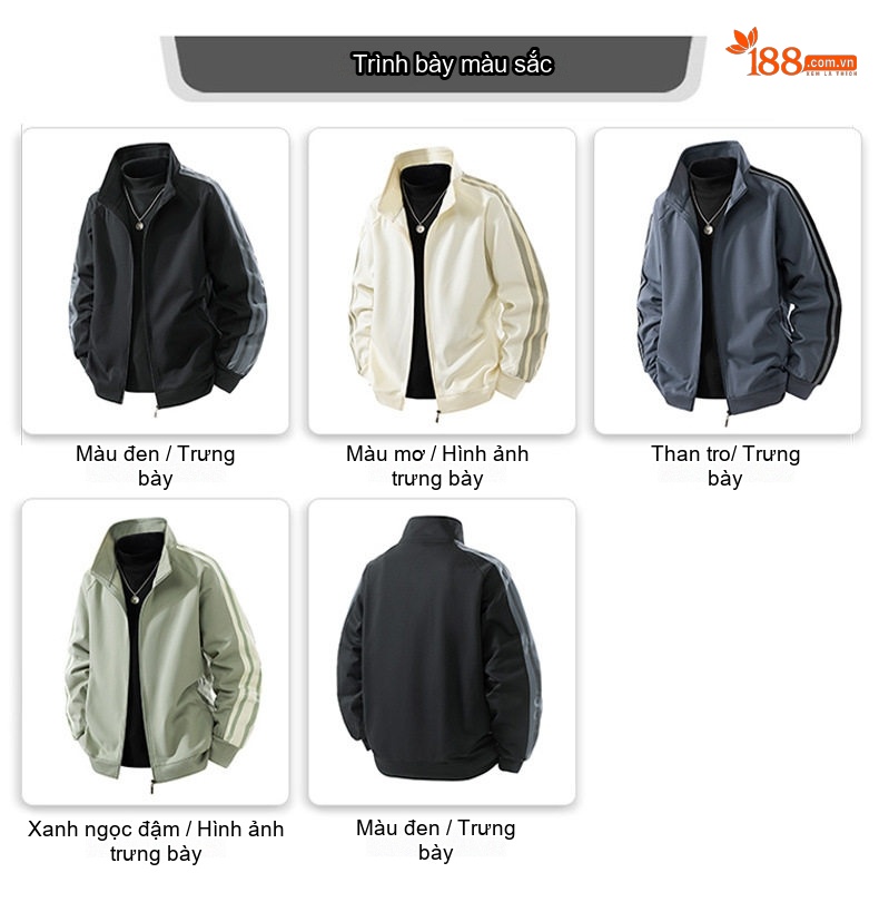 Áo Khoác Nam Cổ Trụ Dáng Rộng Tay Phối Sọc Phong Cách Retro Màu Trắng Kem, Xám, Xanh Lá, Đen... chi tiết 6
