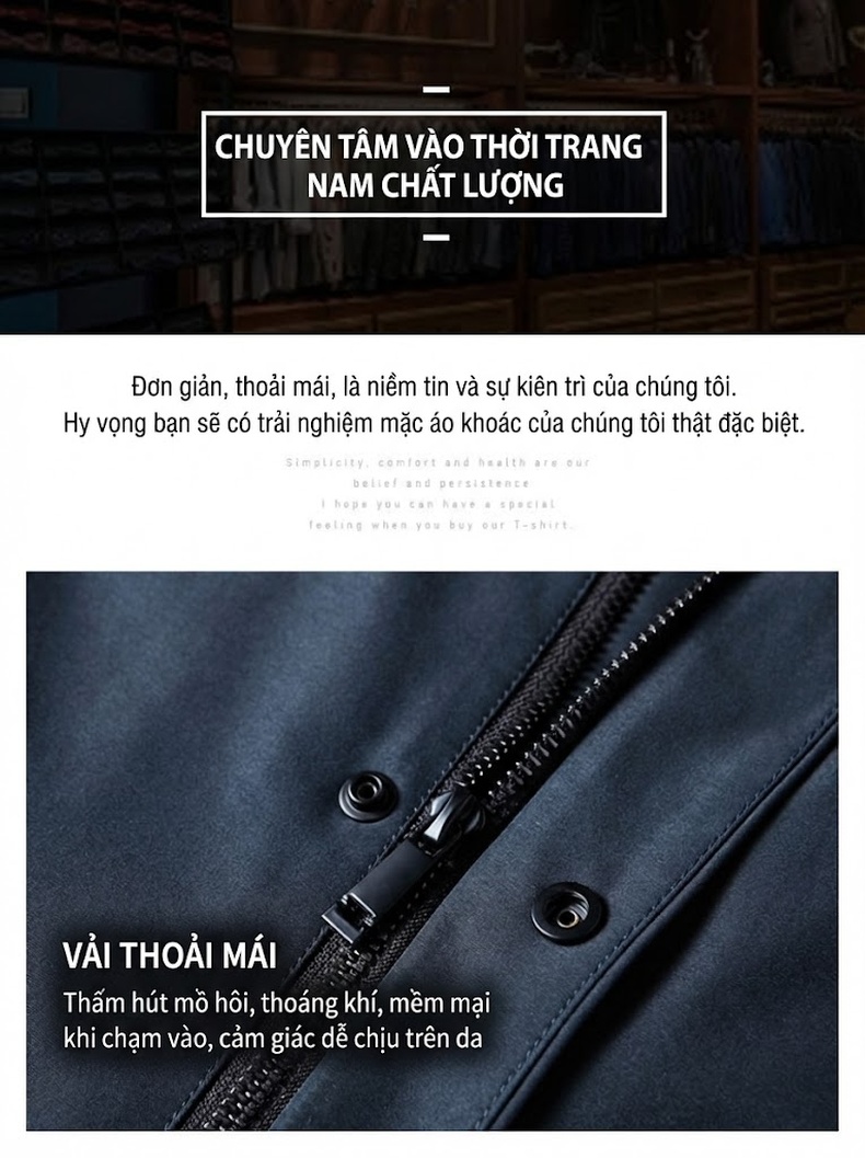Áo Khoác Nam Cổ Trụ Khóa Kéo Phong Cách Lịch Lãm Màu Xanh Đen, Đen chi tiết 4