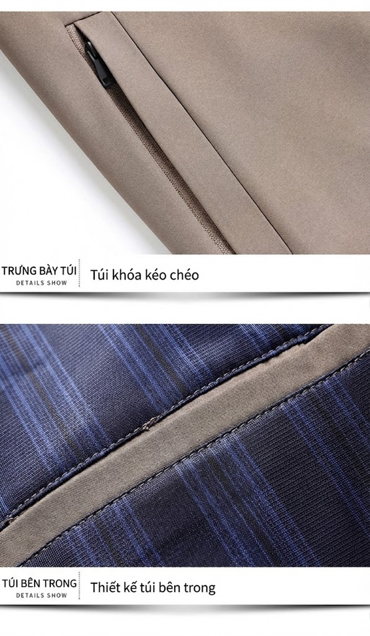 Áo Khoác Nam Cổ Trụ Khóa Kéo Vải Cotton Mỏng Nhẹ Màu Nâu, Xanh Navy, Đen, Xám chi tiết 26