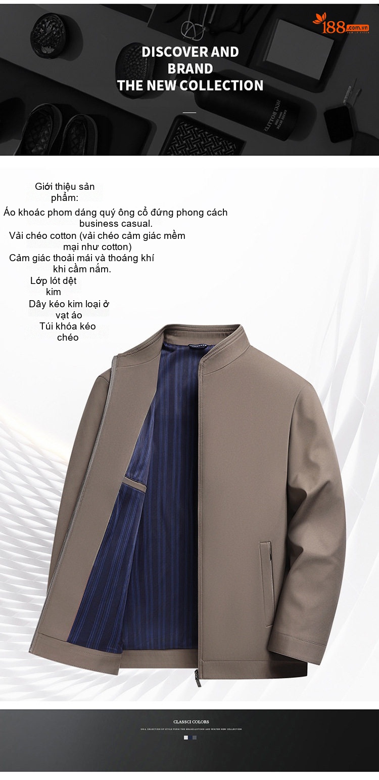 Áo Khoác Nam Cổ Trụ Khóa Kéo Vải Cotton Mỏng Nhẹ Màu Nâu, Xanh Navy, Đen, Xám chi tiết 2