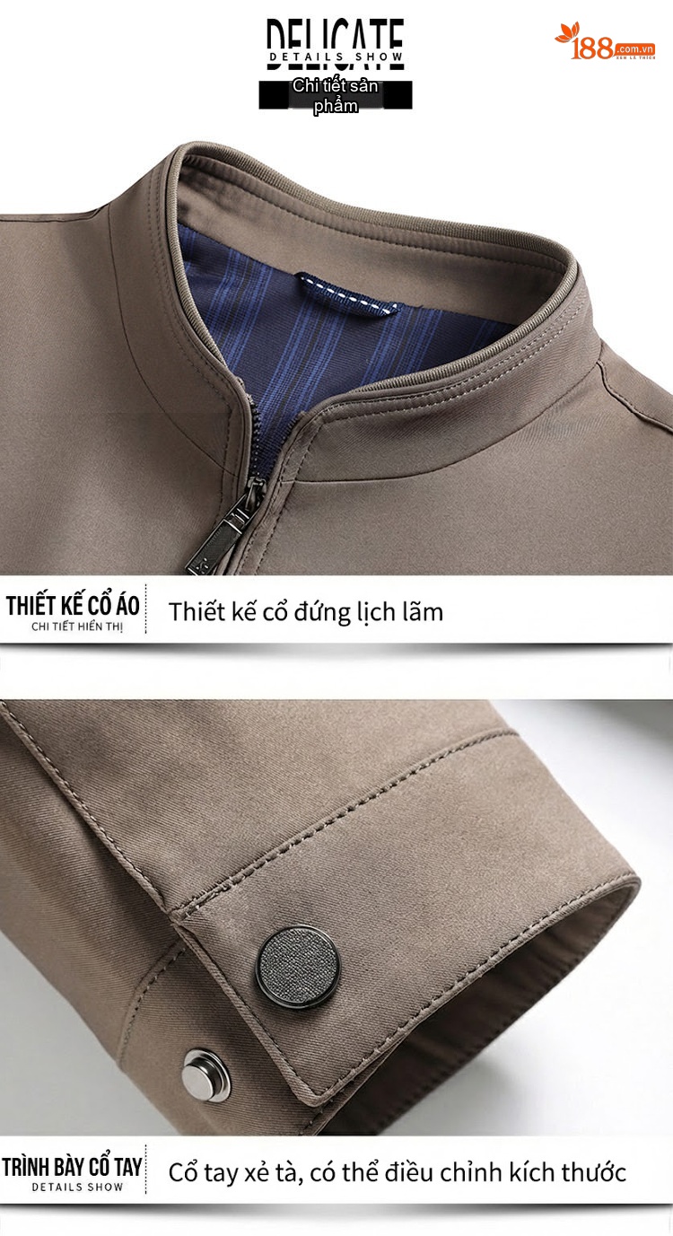 Áo Khoác Nam Cổ Trụ Khóa Kéo Vải Cotton Mỏng Nhẹ Màu Nâu, Xanh Navy, Đen, Xám chi tiết 24