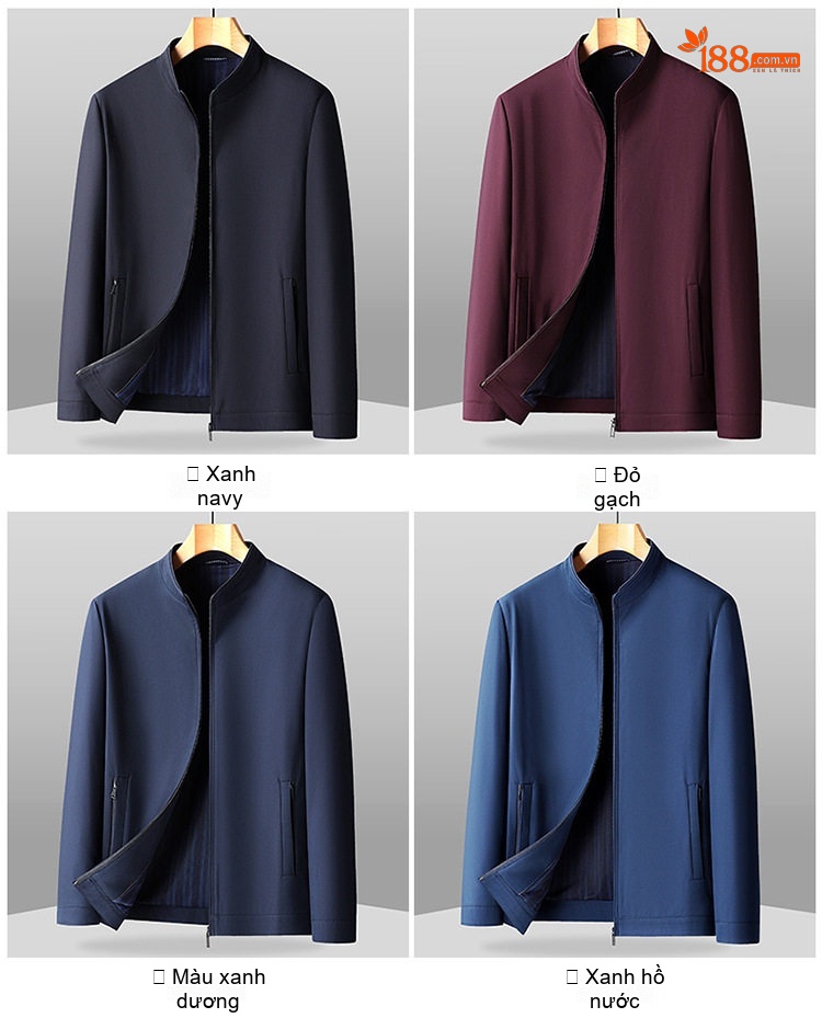 Áo Khoác Nam Cổ Trụ Khóa Kéo Vải Cotton Mỏng Nhẹ Màu Nâu, Xanh Navy, Đen, Xám chi tiết 7