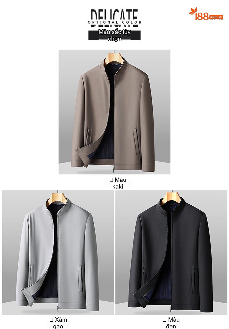 Áo Khoác Nam Cổ Trụ Khóa Kéo Vải Cotton Mỏng Nhẹ Màu Nâu, Xanh Navy, Đen, Xám chi tiết 6