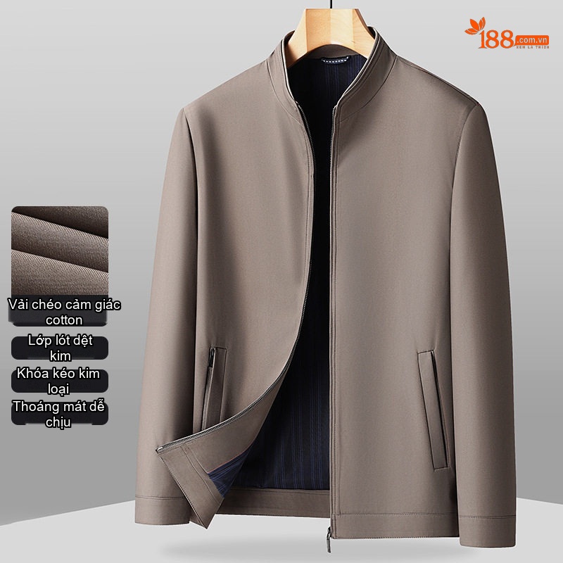 Áo Khoác Nam Cổ Trụ Khóa Kéo Vải Cotton Mỏng Nhẹ Màu Nâu, Xanh Navy, Đen, Xám