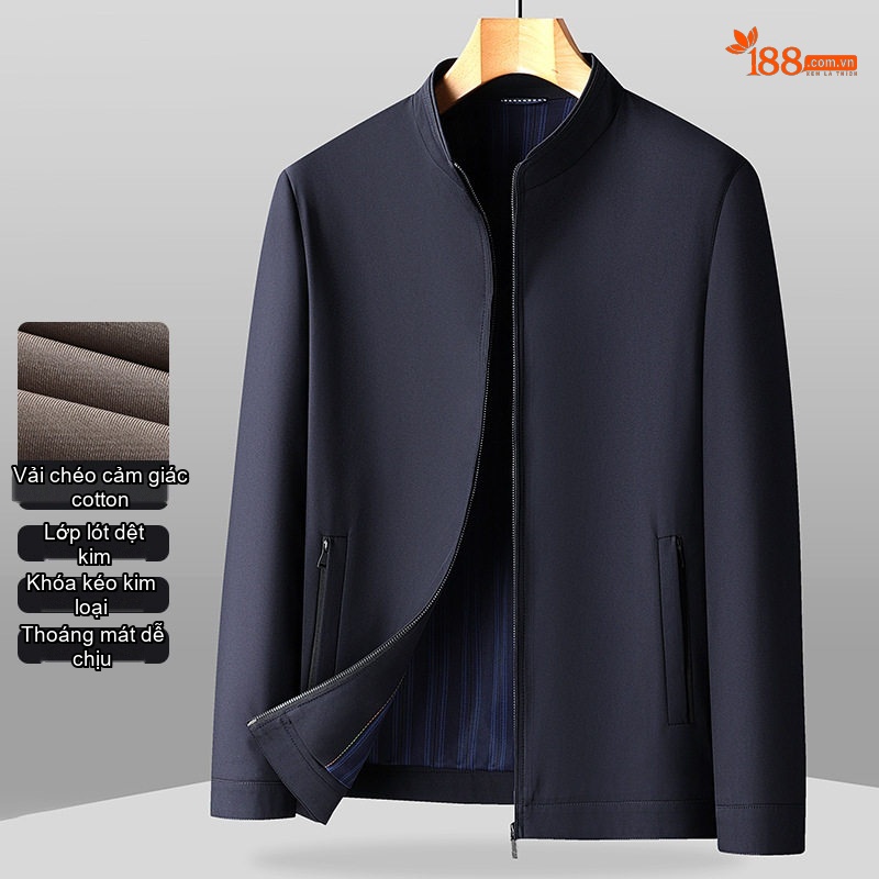 Áo Khoác Nam Cổ Trụ Khóa Kéo Vải Cotton Mỏng Nhẹ Màu Nâu, Xanh Navy, Đen, Xám