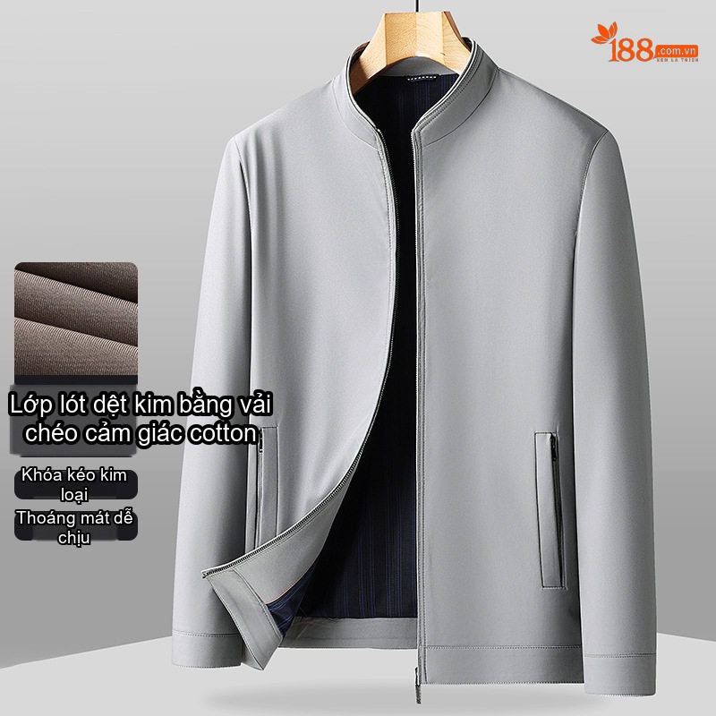 Áo Khoác Nam Cổ Trụ Khóa Kéo Vải Cotton Mỏng Nhẹ Màu Nâu, Xanh Navy, Đen, Xám
