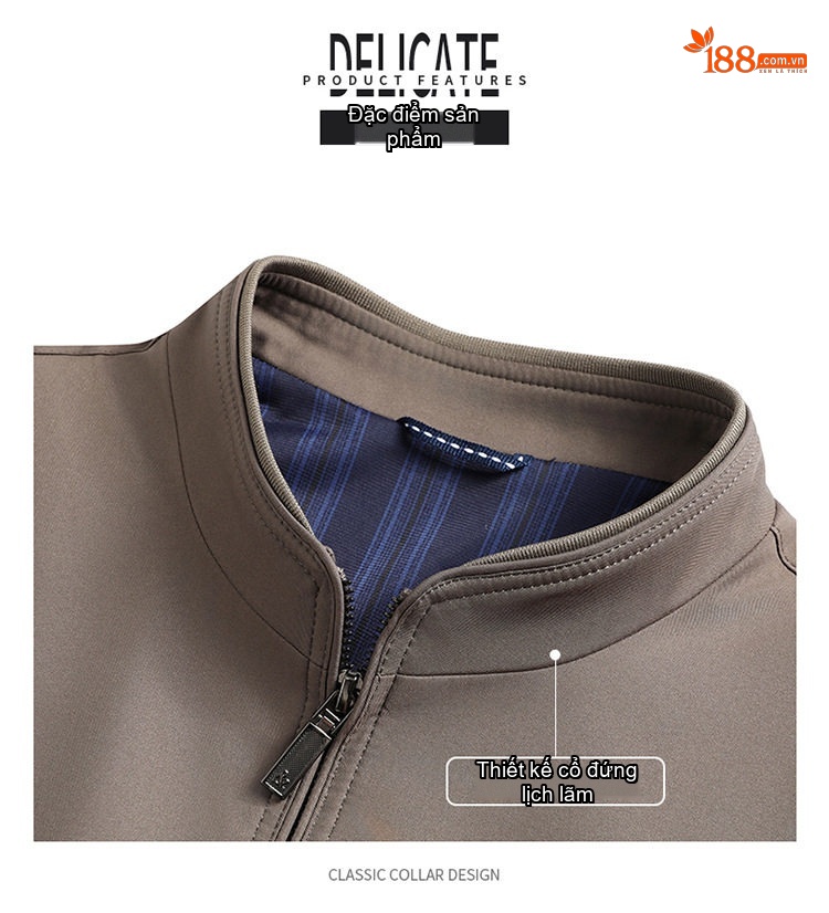 Áo Khoác Nam Cổ Trụ Khóa Kéo Vải Cotton Mỏng Nhẹ Màu Nâu, Xanh Navy, Đen, Xám chi tiết 4