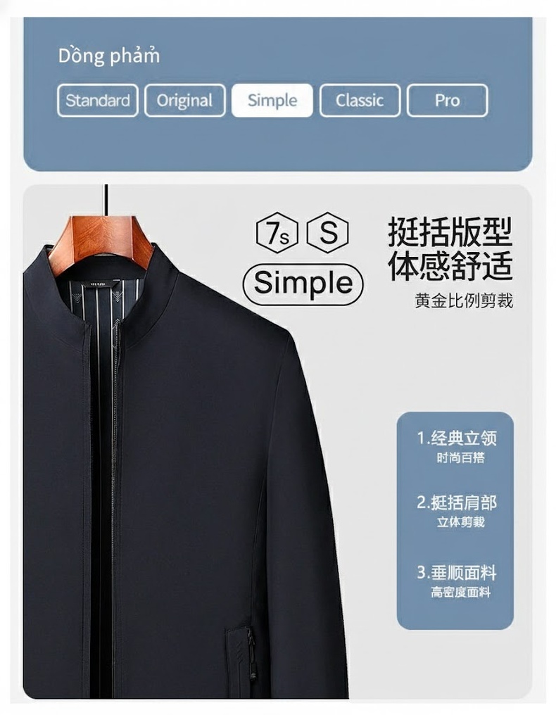 Áo Khoác Nam Cổ Trụ Mỏng Nhẹ Chống Nhăn Màu Xanh Đen chi tiết 3
