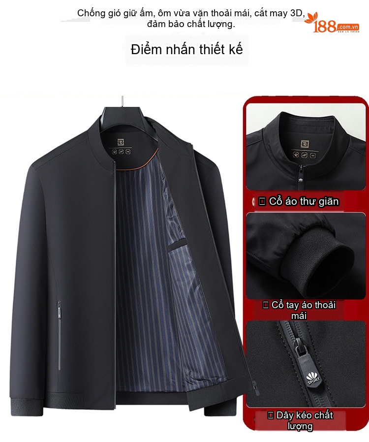 Áo Khoác Nam Cổ Trụ Trung Niên Phong Cách Lịch Lãm Màu Đỏ, Đen, Xanh Navy chi tiết 7