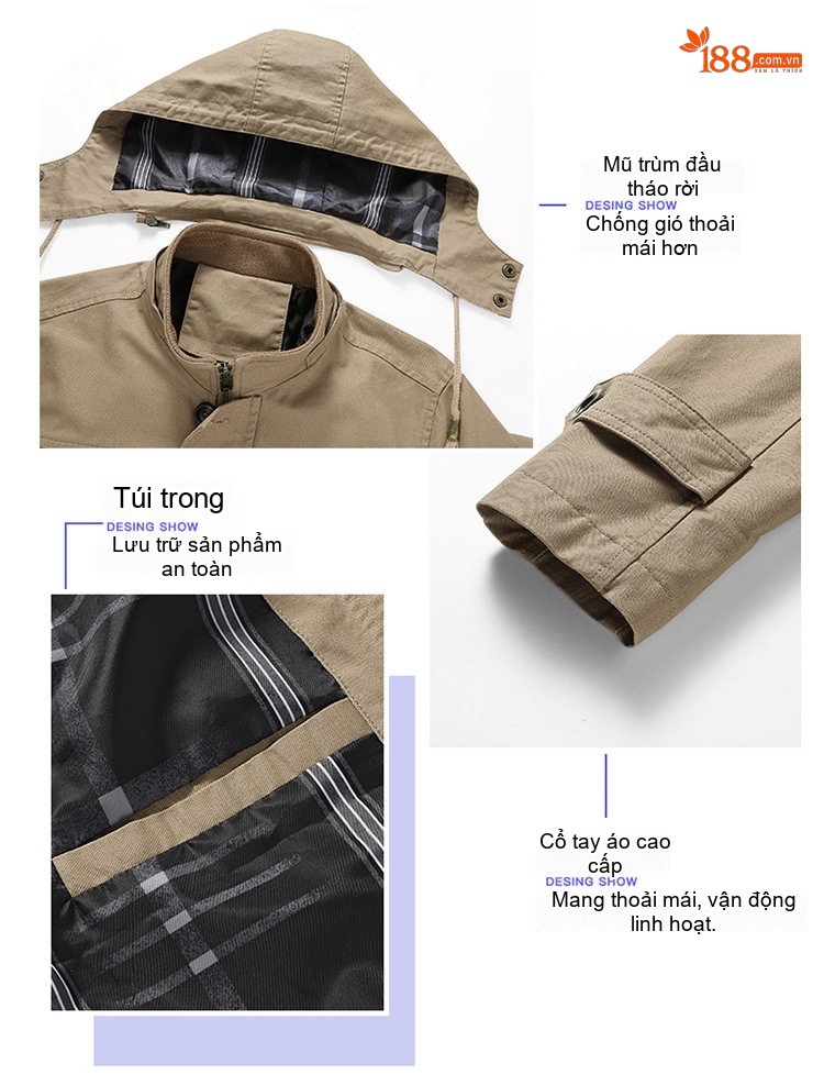 Áo Khoác Nam Cotton Mỏng Dáng Ôm Có Mũ Trùm Đầu Phong Cách Âu Mỹ Màu Nâu, Đen, Xanh Lá, Kem chi tiết 2