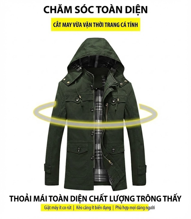 Áo Khoác Nam Cotton Mỏng Dáng Ôm Có Mũ Trùm Đầu Phong Cách Âu Mỹ Màu Nâu, Đen, Xanh Lá, Kem chi tiết 3